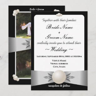 Formal White Ribbon Pearl Foto Wedding Einladung