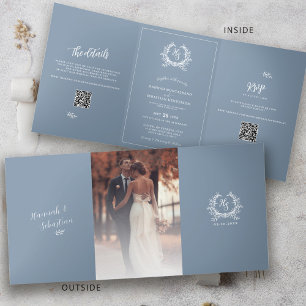 Formale blaue Foto-QR-Code-RSVP-Hochzeitsdetails Dreifach Gefaltete Karte