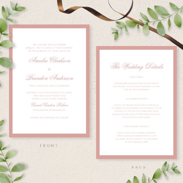 Formale Dusty Rose-Rand-Script-Hochzeitsdetails &  Einladung (Von Creator hochgeladen)
