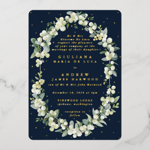Formale elegante Navy-Schneebeere+Eukalyptus-Hochz Folieneinladung