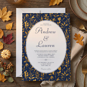 Formale herbstliche Blumen Hochzeit Blau Gold Oval Einladung