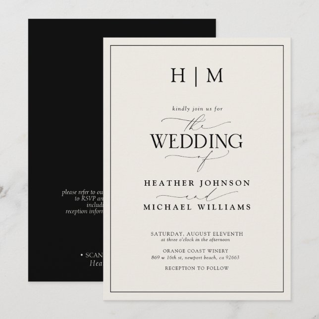 Formale Hochzeit mit QR-Code in Schwarz und Elfenb Einladung (Vorne/Hinten)