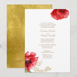 Formale Hochzeit Rot Floral & Metallic Gold Einladung