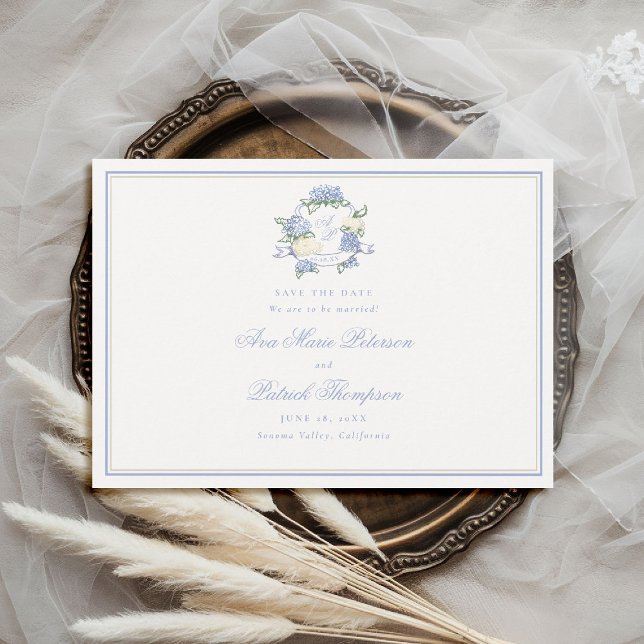 Formale Hortensien-Krone Blau Elfenbein Rahmen Hoc Save The Date (formal wedding save the date modern classic traditional frame hydrangea crest blue ivory old money)