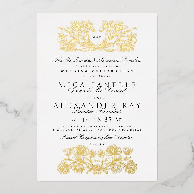 Formale Kalligraphie Elegante Weißer Goldschmied Folieneinladung (Vorderseite)