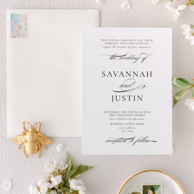 Formale klassische Schwarz-Weiß-Hochzeit Einladung (Designed for weddings where the couple and their parents are hosting the event together)