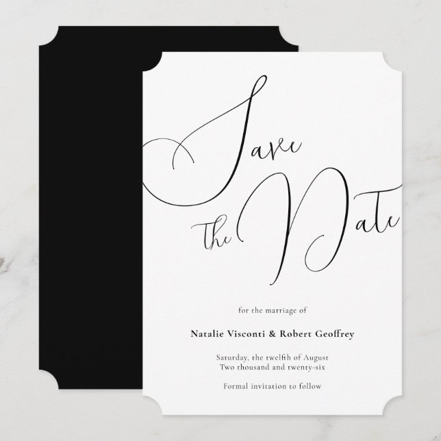 Formale klassische Schwarze Kalligrafie-Hochzeit Save The Date (Vorne/Hinten)