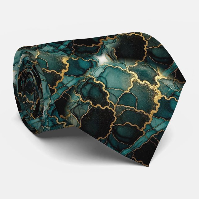 Formale Krawatte | Marmor Türkisblau & Gold (Gerollt)
