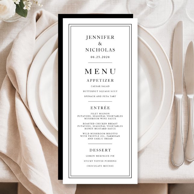 Formale minimale schwarze und weiße Hochzeit Menükarte (Formal Minimal Black And White Wedding Menu)