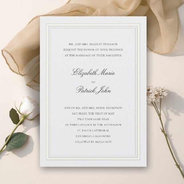 Formale moderne klassische dicke und dünne Perlenh Einladung (formal wedding invitation modern classic double frame duo elegant pearl white calligraphy parents)