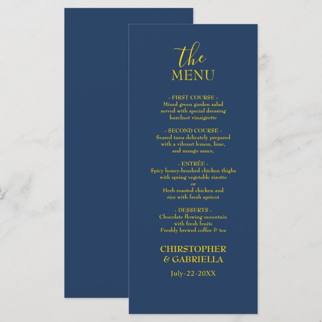 Formale Navy- und Gold-Hochzeit Menükarte (Vorne/Hinten)