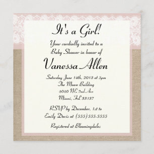 Formale rosa Spitze Jute Baby Shower Einladung
