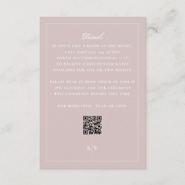 Formale rosafarbene QR-Code-Hochzeitsdetails Begleitkarte (Vorderseite)