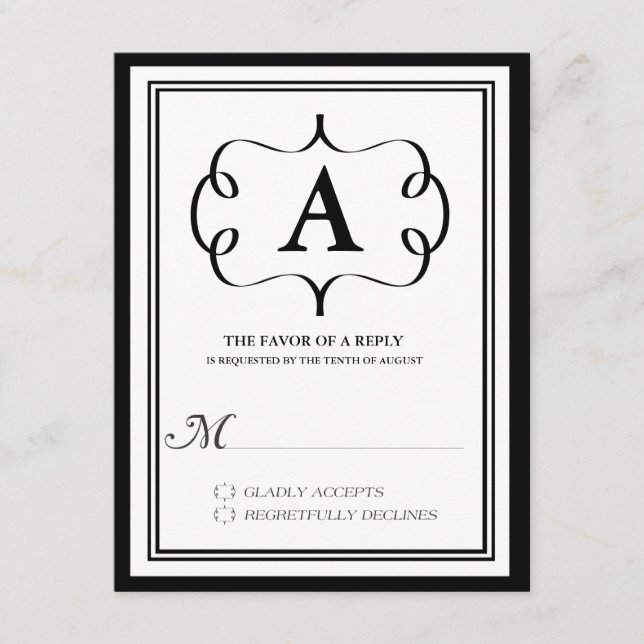 Formale RSVP-Karte für Monogramm in Schwarz RSVP Karte (Vorderseite)