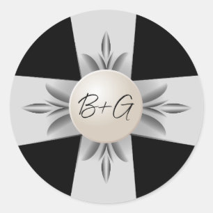 Formale Schwarz-Weiß-Monogramm-Pearl Ribbon-Hochze Runder Aufkleber