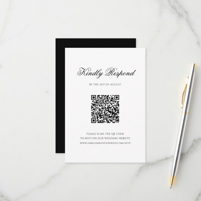 Formale Schwarz-Weiß-QR-Code-Monogramm-Hochzeit RSVP Karte (Vorderseite/Rückseite Beispiel)