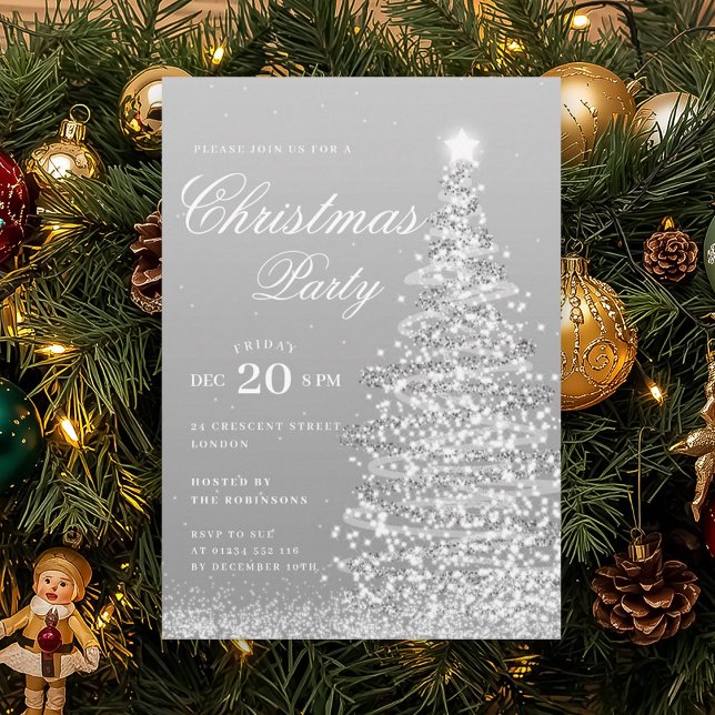 Formale silberne Weihnachtsbaum-Weihnachtsfeier Einladung (Formal Silver Winter Christmas Tree Holiday Party Invitation)