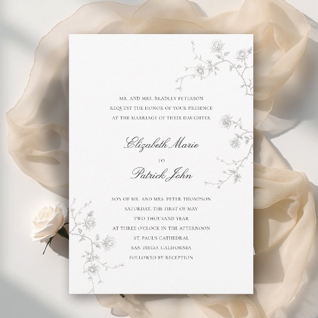 Formaler moderner klassischer Garten mit Wildrosen Einladung (formal wedding invitation modern classic wild roses sketch floral calligraphy garden white)