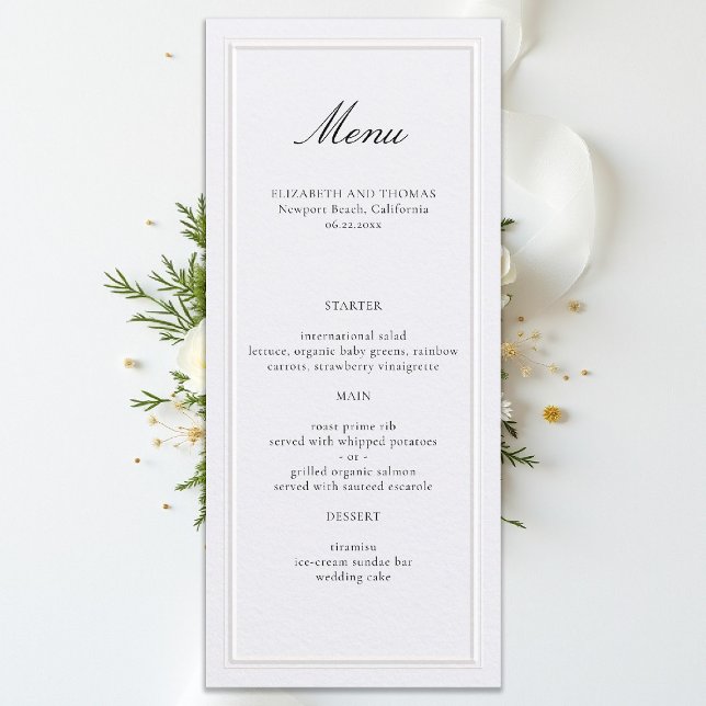 Formaler moderner klassischer Rahmen Perlenelegant Menükarte (formal wedding menu modern classic pearl white double frame calligraphy)