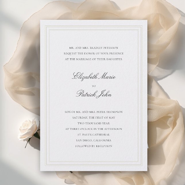 Formaler moderner klassischer Tandem-Rahmen-Perlen Einladung (formal wedding invitation modern classic double frame elegant pearl white calligraphy parents host)