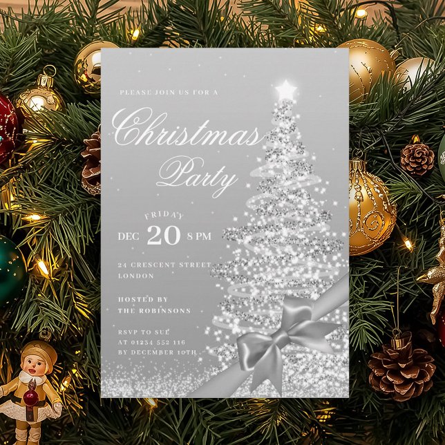 Formaler silberner Weihnachtsbaum-Bogen für den Wi Einladung (Formal Silver Winter Christmas Tree Bow Holiday Invitation)