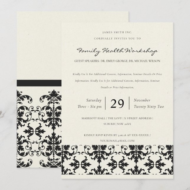 FORMALEREIGNIS FÜR SCHWARZE UND WEISSE DAMASK CLAS EINLADUNG (Vorne/Hinten)