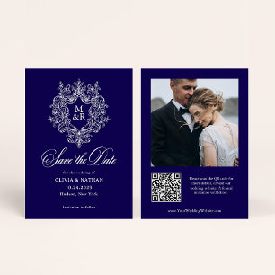 Formales antikes Wappen Dunkelblau Foto und QR-C Save The Date