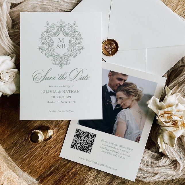 Formales antikes Wappen Sage-Grün Foto und QR-Code Save The Date (Von Creator hochgeladen)