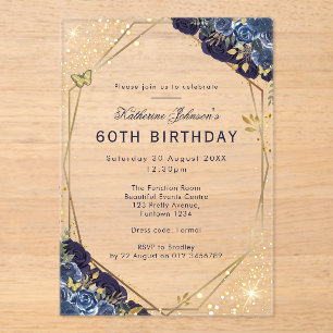 Formales Blau und Gold 60. Geburtstag Acryleinladungen
