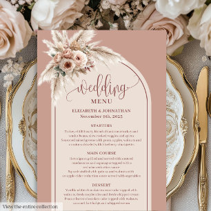 Formales Bogen-Pastellrosa-Pampas-Blumen-Hochzeits Menükarte
