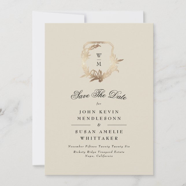 Formales Cream Black Monogram Gold Wappen Foto Save The Date (Vorderseite)