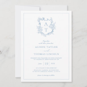 Formales Crest Dusty Blue Monogramm Hochzeit Einladung