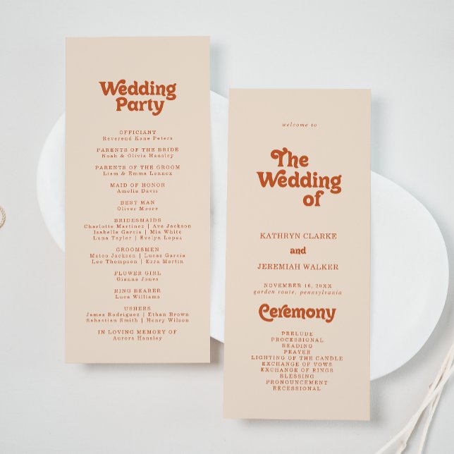 Formales einfaches Terrakotta-Teelänge-Hochzeitspr Programm (Von Creator hochgeladen)