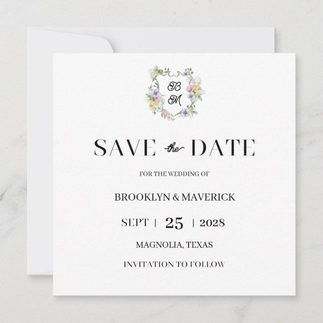 Formales florales Monogrammwappen Hochzeit Save The Date (Vorderseite)