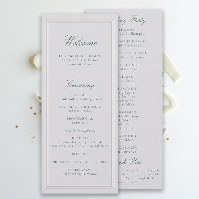 Formales klassisches grünes Elfenbein-Hochzeitspro (modern classic wedding program forest green type double frame formal traditional stately ivory)