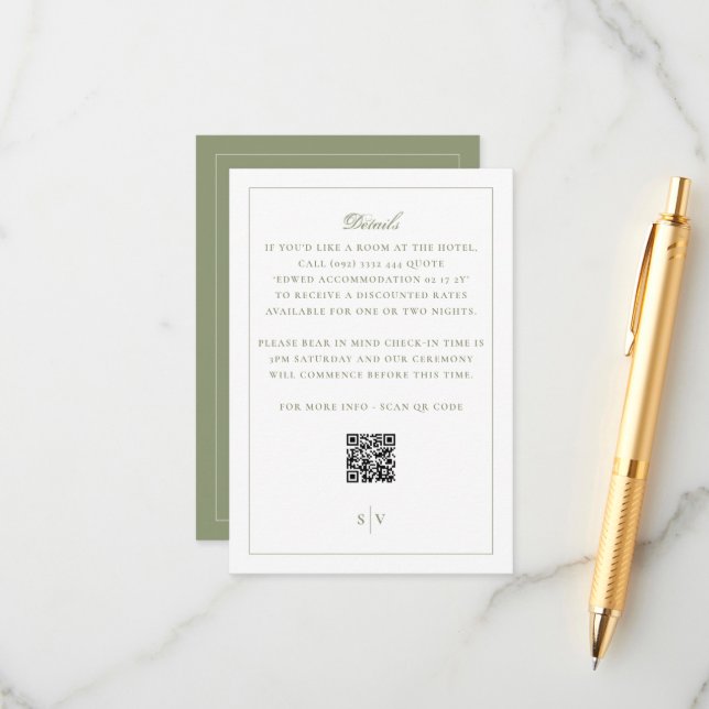 Formales Moosgrün QR-Code Hochzeit Begleitkarte (Vorderseite/Rückseite Beispiel)
