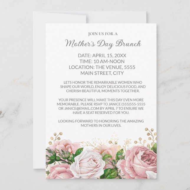 Formales Muttertags-Brunch Pink Floral  Einladung (Vorderseite)
