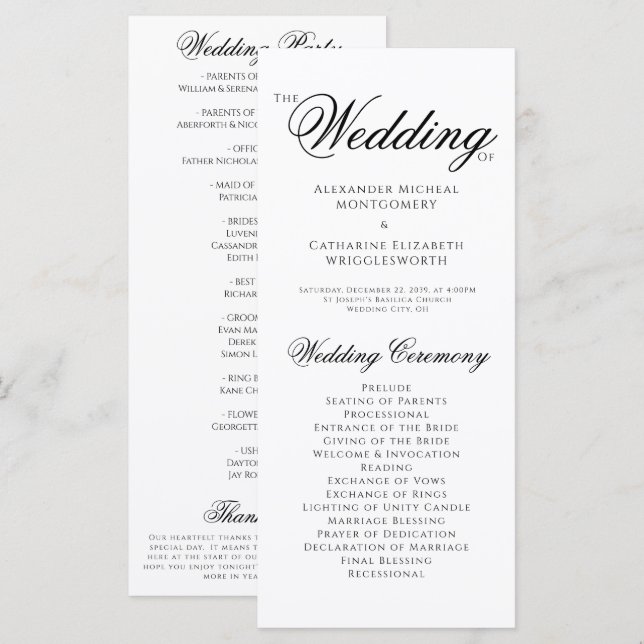 Formales Schwarz-Weiß-Hochzeitsprogramm Programm (Vorne/Hinten)