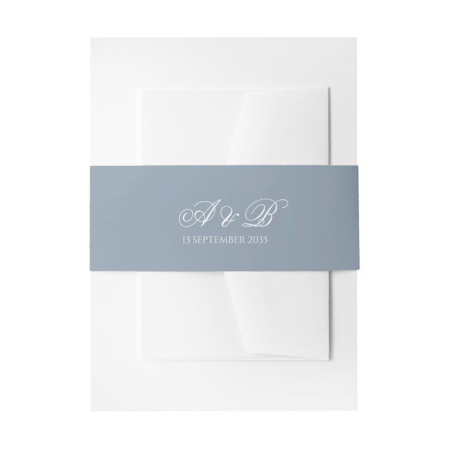 Formales, staubblaues Monogramm-Skript & Datum Hoc Einladungsbanderole (Vorderseite Beispiel)
