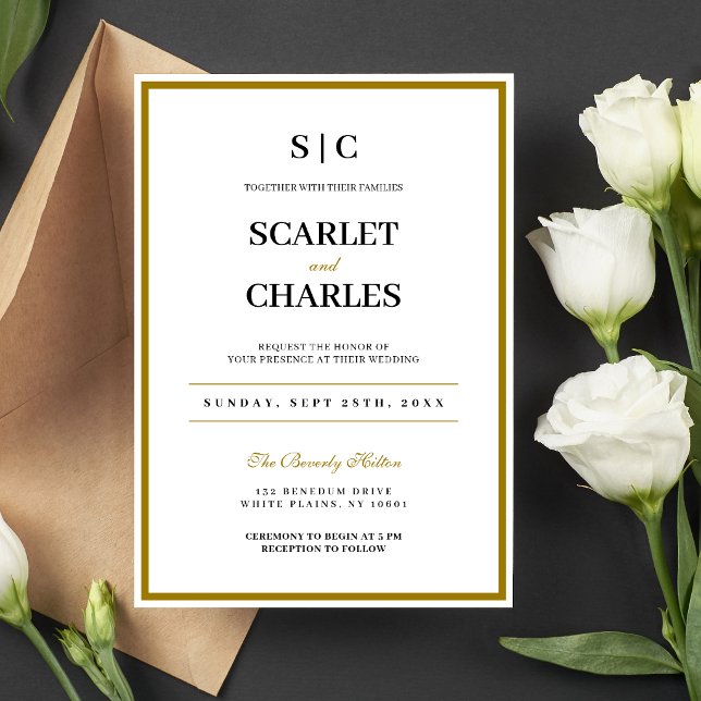 Formell Klassisch Schwarz Gold Monogramm Hochzeit Einladung (Formal black and gold monogram wedding invitation sets a timeless, elegant tone.)
