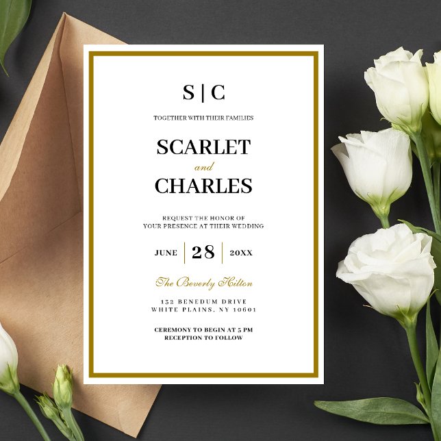 Formell Klassisch Schwarz Gold Monogramm Hochzeit Einladung (Formal black and gold monogram wedding invitation adds a timeless, elegant first impression.)