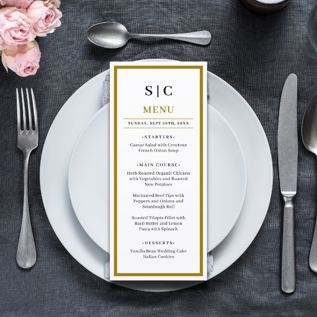 Formell Klassisch Schwarz Gold Monogramm Hochzeit Menükarte (Formal black and gold monogram wedding menu adds a refined, elegant touch to reception tables.)