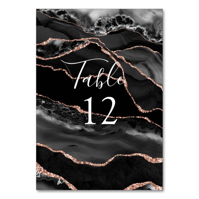 Formelle Black Agate Rose Gold Glitzer Tafel Tischnummer (Vorderseite)