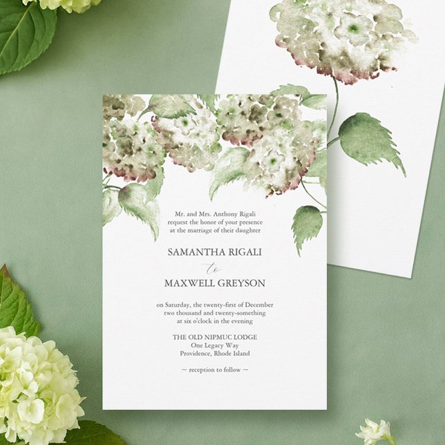 Formelle Hochzeitseinladungen mit grüner Hortensie Einladung (green and antique hydrangea wedding invitations hand painted watercolor art Victoria Do Tell A Belle)
