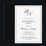 Formelle Schwarz-Weiß-Monogramm-Engagement-Partei Einladung<br><div class="desc">Einladende,  elegante Einladung mit einem einfachen Design mit Ihren beiden ersten Monogrammen und Ihren Namen in einer eleganten Kalligraphie innerhalb eines dünnen Randes. Die Rückseite ist schwarz. Dieses klassische Design eignet sich perfekt für eine formelle Verlobungsfeier.</div>