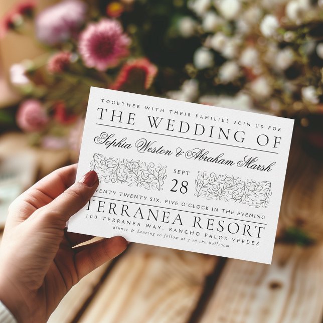 Formelle Scrolling-Blätter Schwarz-Weiß-Hochzeit Einladung (Von Creator hochgeladen)