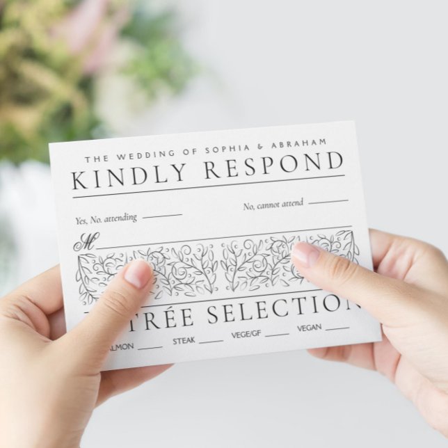 Formelle Scrolling-Blätter Schwarz-Weiß-Hochzeit RSVP Karte (Von Creator hochgeladen)