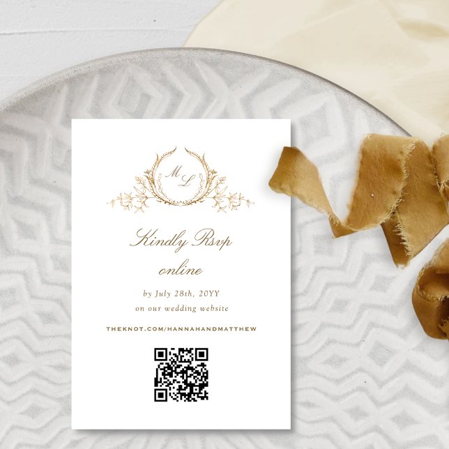 Formeller Chic White and Gold Monogram QR Code UAW Begleitkarte (Von Creator hochgeladen)