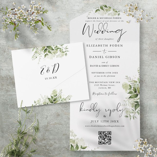Formeller QR-Code für Schwarz und Weiß All In One Einladung (Floral Black And White QR Code Formal Wedding All In One Invitation)