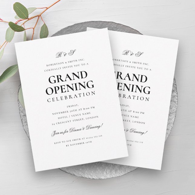 Formelles Groß Opening Monogram White Einladung (Formal Corporate Grand Opening Monogram White Invitation)